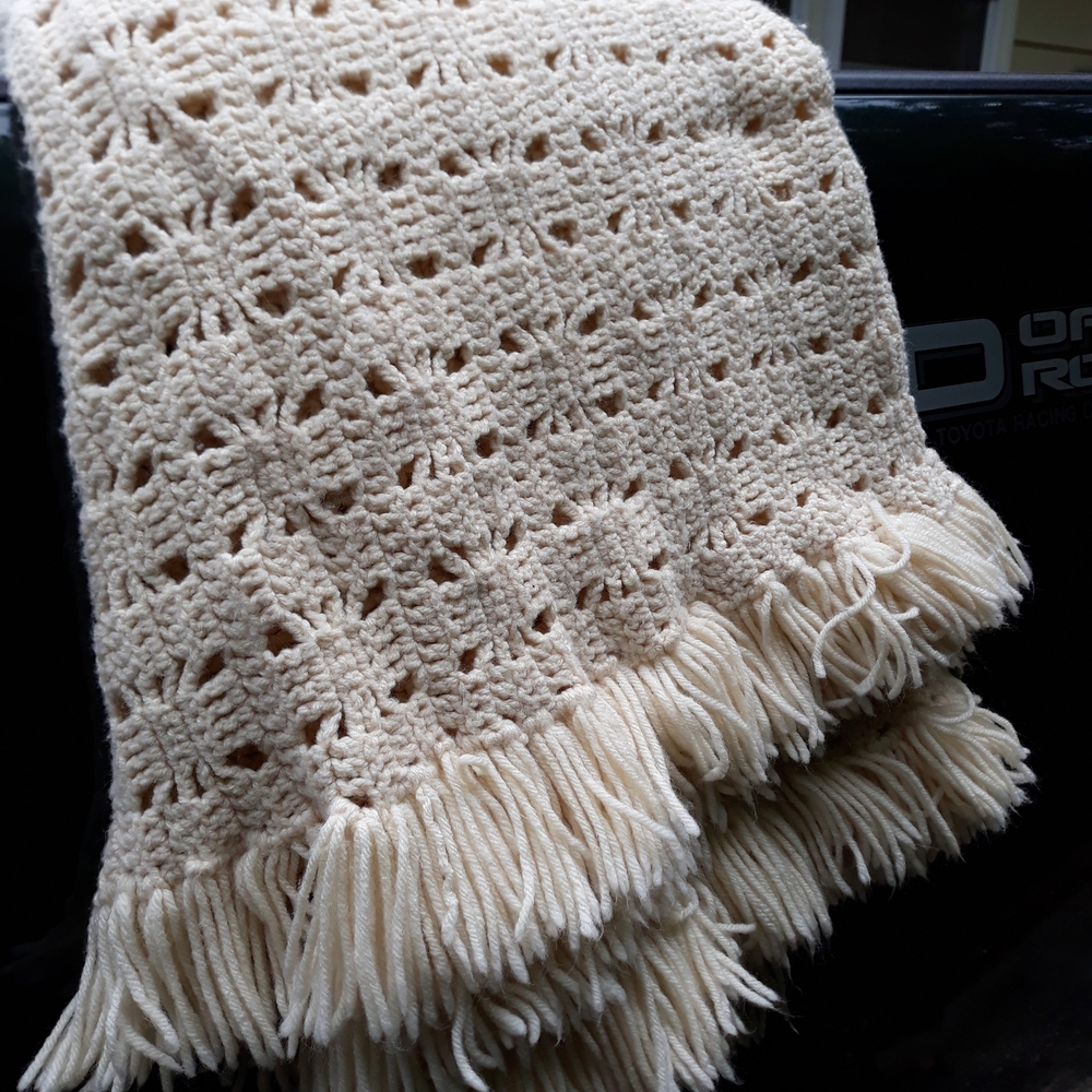 Handmade Vintage Cream Crochet Fringe Blanket 60" Square